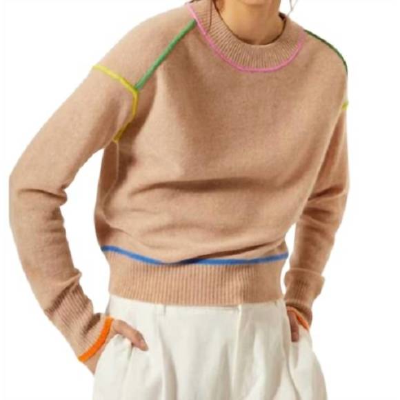 NEW AUTUMN CASHMERE crew with multi color seams top in cappuccino brights - Picture 1 of 1
